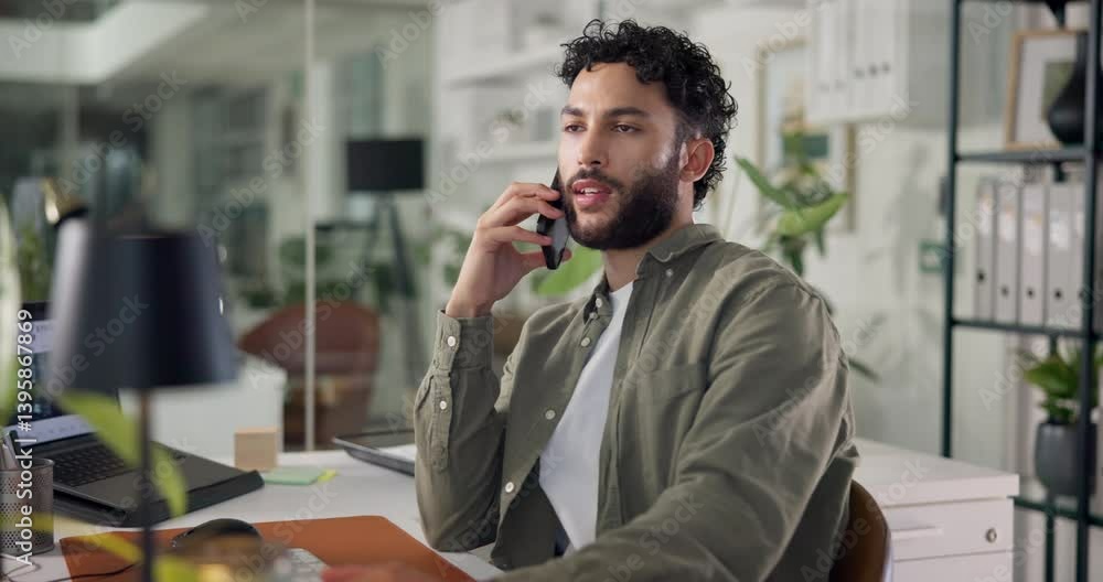 Poster Man, phone call and explanation in office with discussion for project management at web design company. Person, laptop and talk with agreement, review and feedback negotiation at creative agency