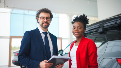 Mixed-raced people glancing at camera at same time. Attractive man in business costume holding...