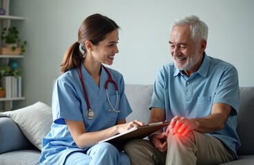 Obraz premium Young nurse provides care support to senior man experiencing knee pain in home healthcare setting. Comfort assistance treatment for elderly patient in medical visit. Doctor, nurse smiling