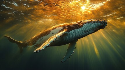 Majestic humpback whale gracefully swims in sunlit ocean depths beneath the surface