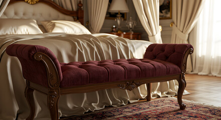 Fototapeta premium Elegant Bedroom With Velvet Bench At The Foot Of A Silk Draped Bed