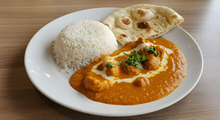 Authentic Butter Chicken Meal with Basmati Rice and Fresh Naan Bread