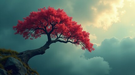 Serene Crimson Tree on a Rocky Cliffside, Under a Dramatic, Dreamlike Sky
