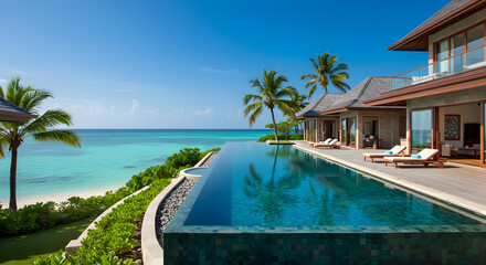 Fototapeta premium Tropical Villa With Infinity Pool Overlooking Turquoise Ocean Under Blue Sky
