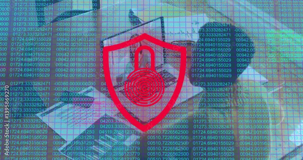 Poster animation of red padlock icon over digital data with people working at computers