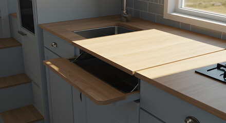 Innovative Tiny Home Kitchen Design Featuring A Hidden Sink Cover System