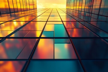 A sunrise reflection in modern architecture paints the skyline with warm hues, melding urban life with the beauty of natural light.