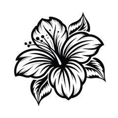 Hibiscus Flower Blossom with Leaves in Black and White Isolated on White Background