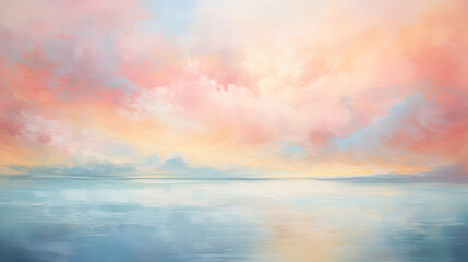 Abstract landscape painting with water, a serene sunrise, and pastel colors