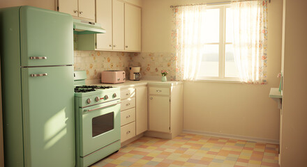 Retro Kitchen With Pastel Appliances and Linoleum Flooring Style