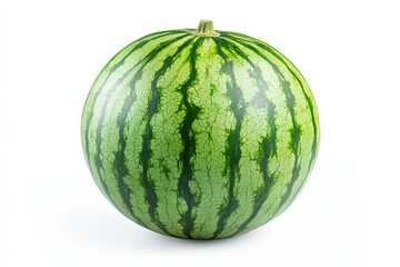 Close up of a whole watermelon with green stripes on white space