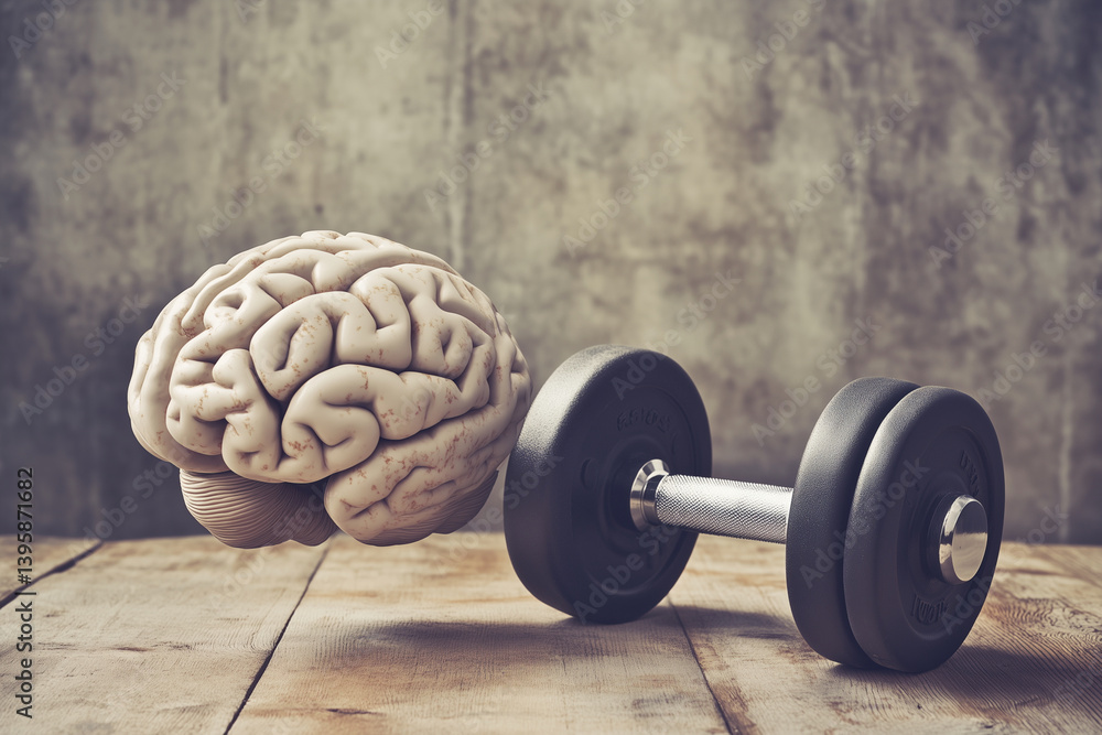 Poster dumbbell is on a table with a brain. the dumbbell is black and the brain is white