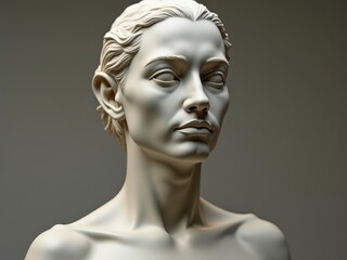 ceramic sculpture, mannequin. A woman's face is shown in a white sculpture. The sculpture is of a woman with a serious expression on her face. The woman's face is the main focus of the image