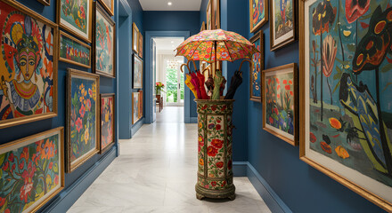 Elegant Hallway Adorned With Abstract Artworks And A Vintage Floral Umbrella Stand