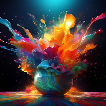 A radiant vessel of inspiration implodes, unleashing a torrent of polychromatic paint across