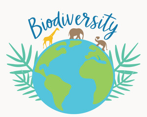 Biodiversity of Earth: Globe with Giraffe, Rhino, Palm Trees Illustration.