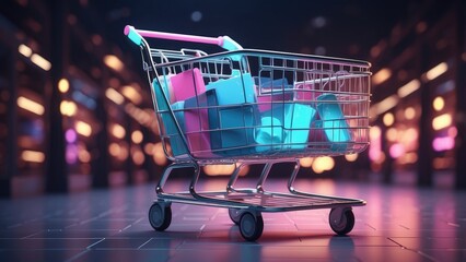 A digital, futuristic shopping cart set against a vibrant