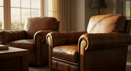 Elegant Brown Leather Armchairs In A Cozy Living Room Interior Design