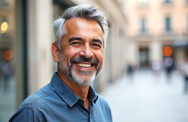 Naklejka premium Middle-aged Hispanic man with grey hair smiles at camera in city. Happy, confident, mature male in casual attire enjoys outdoors. Smiling senior in urban background. Lifestyle portrait, happiness,