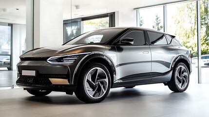 Sleek Silver Car in Showroom with Modern Design and Ambient Lighting Reflecting Luxury