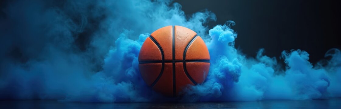Orange basketball ball floating in blue smoke clouds. Dramatic background for sport theme or promotion. Suitable for tournament advertising. Ball sport, motion, action, active lifestyle, recreation.