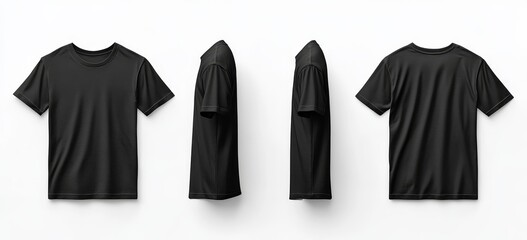 Four views of a black t-shirt on white background; front, back, and side profiles.