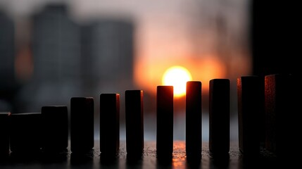 strategic domino placement, silhouetted hand carefully arranging dominoes against a sunset-lit window, capturing a thoughtful planning moment over the city