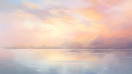Naklejka premium Abstract landscape painting with pastel colors, a serene sunrise over the lake, soft brush strokes, and a dreamy atmosphere