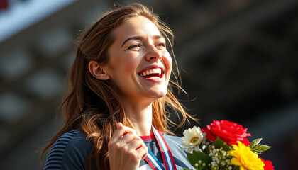 Joyful young woman celebrating victory with flowers and a medal in a sporty atmosphere