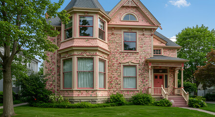 Obraz premium Beautiful Victorian Home Featuring a Bay Window and Floral Patterned Clapboard