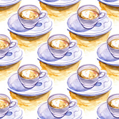 Watercolor seamless pattern of white cups with coffee. Illustration for your design. Pastel colors.