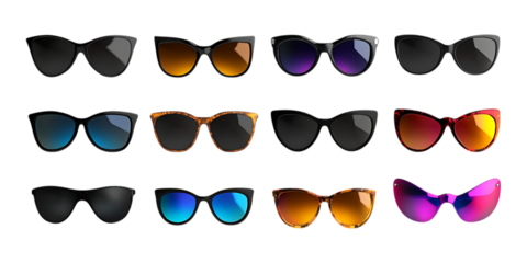 Pack Sunglasses Set in Different Poses on Transparent Background for Fashion, Accessories, and Summer-Themed Designs