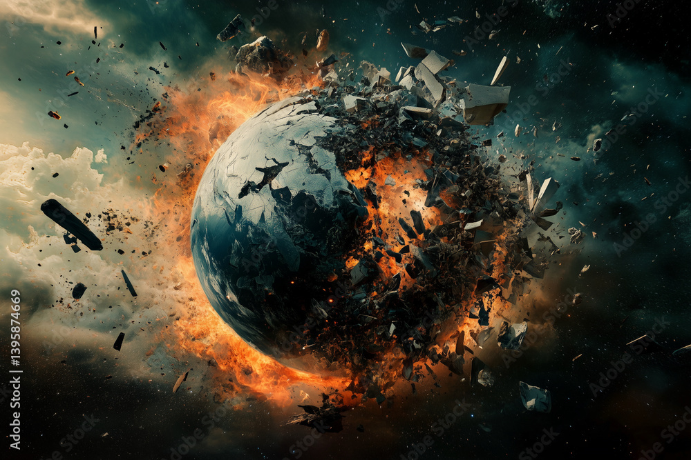 Poster planet is destroyed in a fiery explosion. the planet is surrounded by debris and the sky is filled w