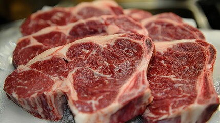 Variety of raw beef steaks for grilling with seasoning: Tomahawk, Ribeye, T-bone, and Ossobuco. Meat background.
