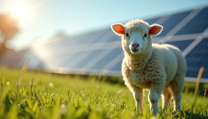 Obraz premium Sheep stand in rich green meadow near solar panels. Symbol of dual land usage, agriculture, renewable energy. Concept of green technology, eco-friendly farming, sustainable development, environmental