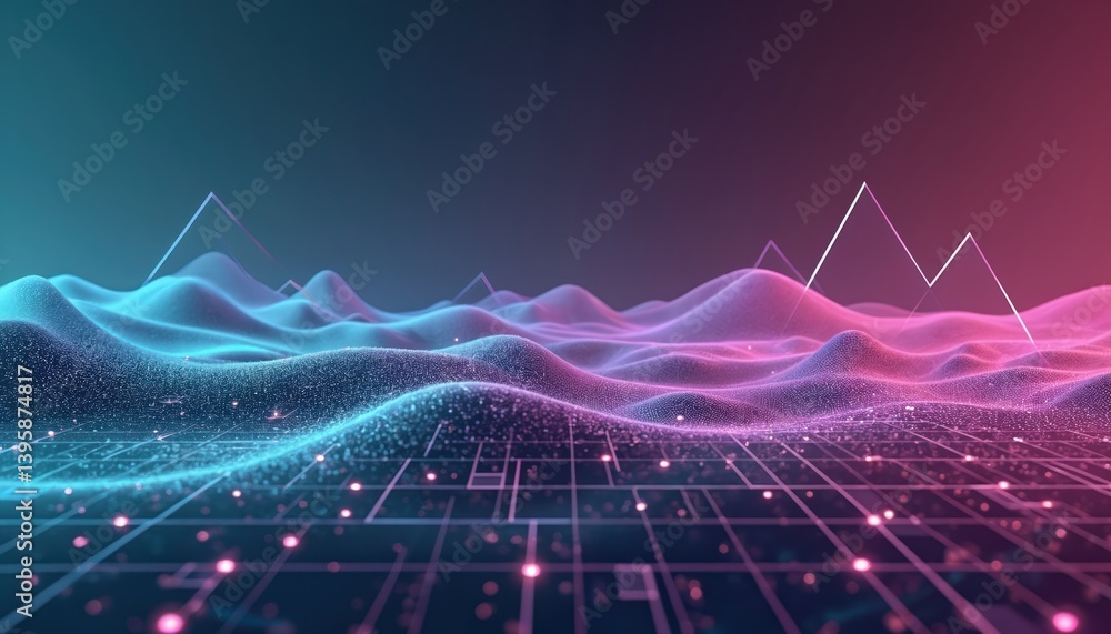 Aufkleber Abstract gradient background with holographic grid lines, geometric shapes. Deep purple teal transition. Modern design suitable for tech presentations digital art.