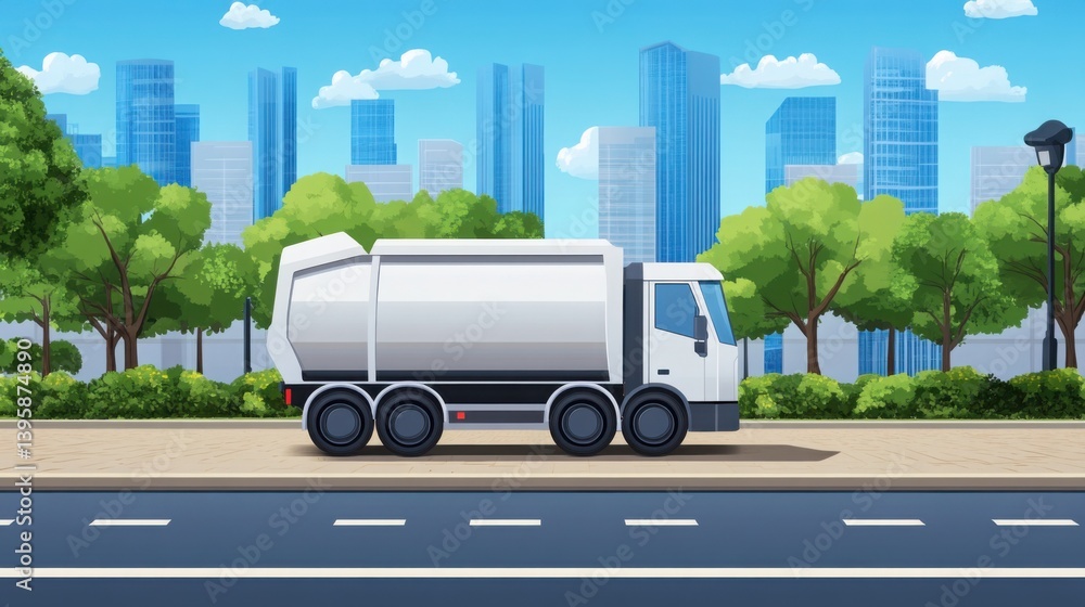 Poster street with automated waste bins using sensors to detect fill levels, smart garbage truck collecting