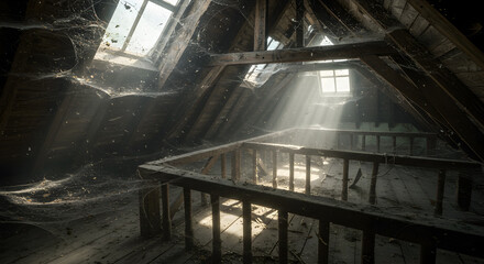 Victorian Attic Rafters With Cobwebs And Sunlight Shining Through Windows