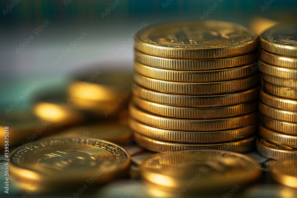 Poster stack of gold coins on a table. the coins are shiny and appear to be valuable. concept of wealth and