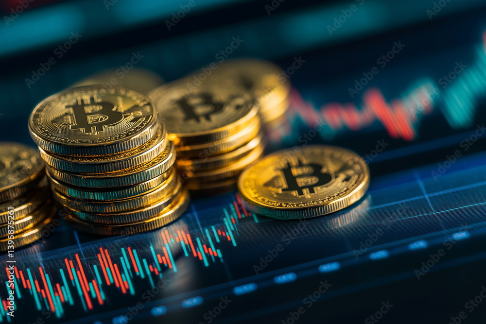 Poster stack of gold coins with the letter b on top. the coins are on a graph with a red line