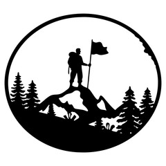 Silhouette of a Hiker Reaching the Summit with a Flag a Majestic Mountain Peak in a Circular Frame