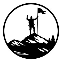 Silhouette of a triumphant hiker reaching the summit of a mountain peak and planting a flag