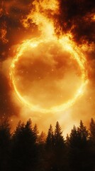 A glowing fire ring illuminates the night sky above a dense forest, blending cosmic light with dramatic clouds in a surreal and powerful atmosphere of nature and energy