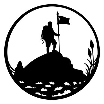 black silhouette climber on mountain with flag clip art preview