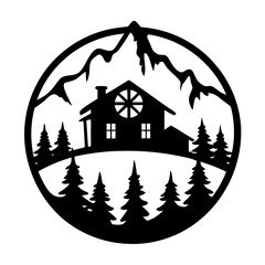 Mountain Cabin in Winter Wonderland Scenic View Artistic Design