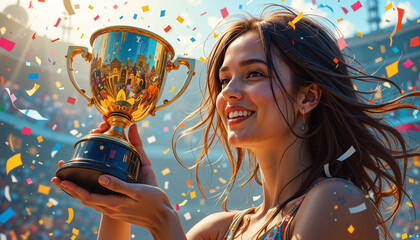 Happy young woman holding a trophy with confetti in a celebratory atmosphere