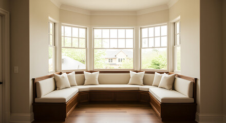 Fototapeta premium Bright Bay Window Seating Area With Built In Bench And Pillows