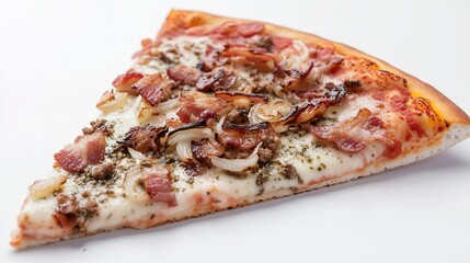 Crisp pizza slice with bacon bits and grilled onions isolated on white