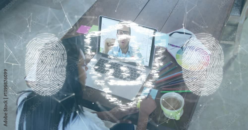 Poster person using laptop for video call with digital security animation overlay