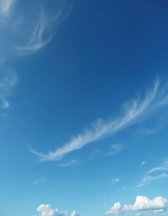 Blue sky white clouds background. Nature scenic landscape, peaceful day. Fluffy clouds, bright sunlight in summer day. Freedom concept. Heaven atmosphere. Cloudscape, abstract, beauty background.